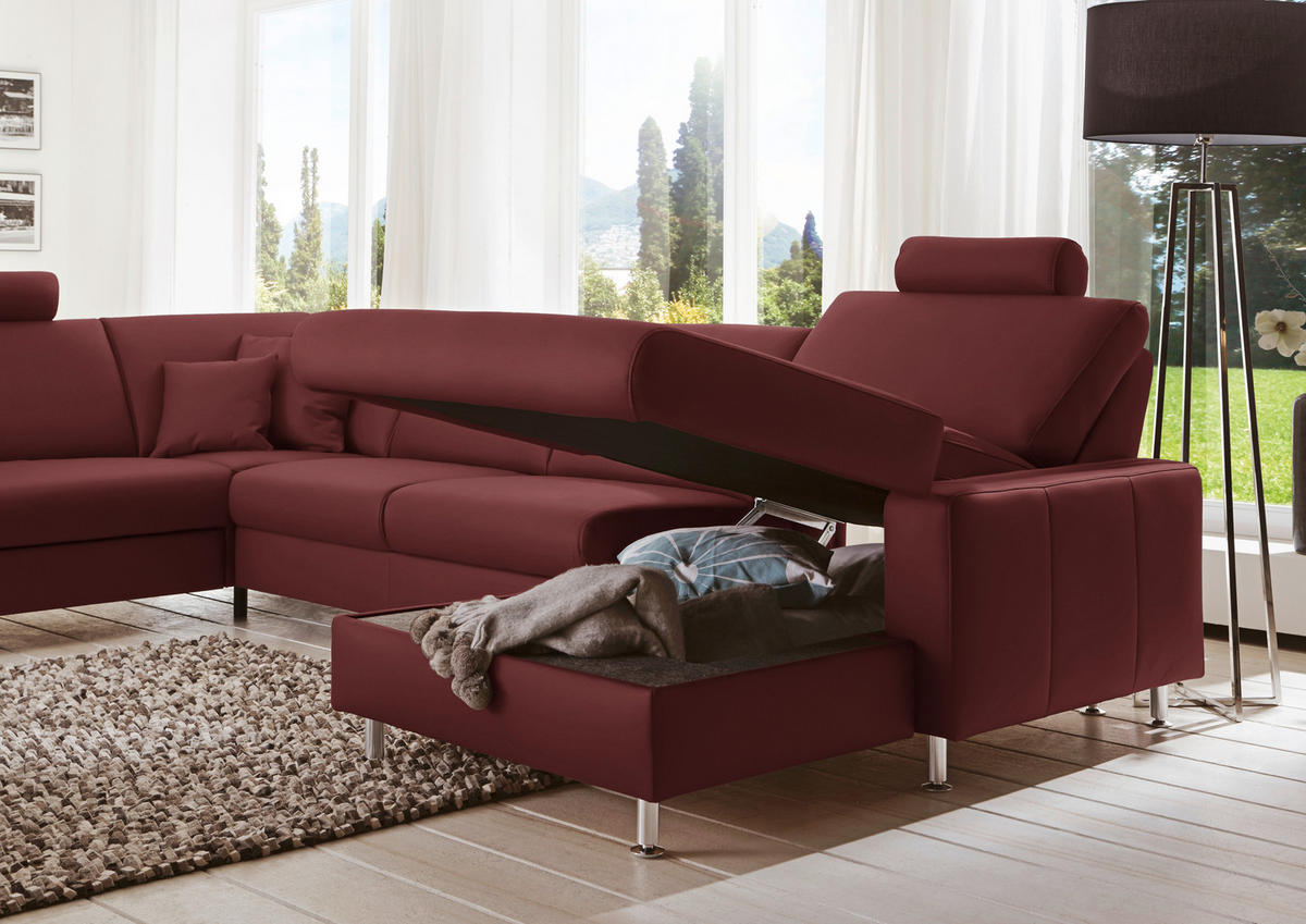 WOHNLANDSCHAFT in Echtleder Brombeere  - Brombeere/Alufarben, Design, Leder/Metall (233/339/165cm) - Beldomo Premium
