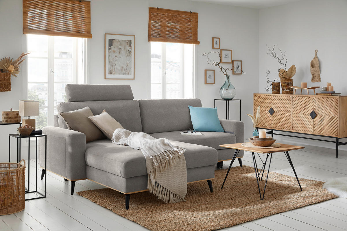 ECKSOFA in Lederlook, Mikrofaser Silberfarben  - Silberfarben/Schwarz, Konventionell, Holz/Textil (167/234cm) - MID.YOU