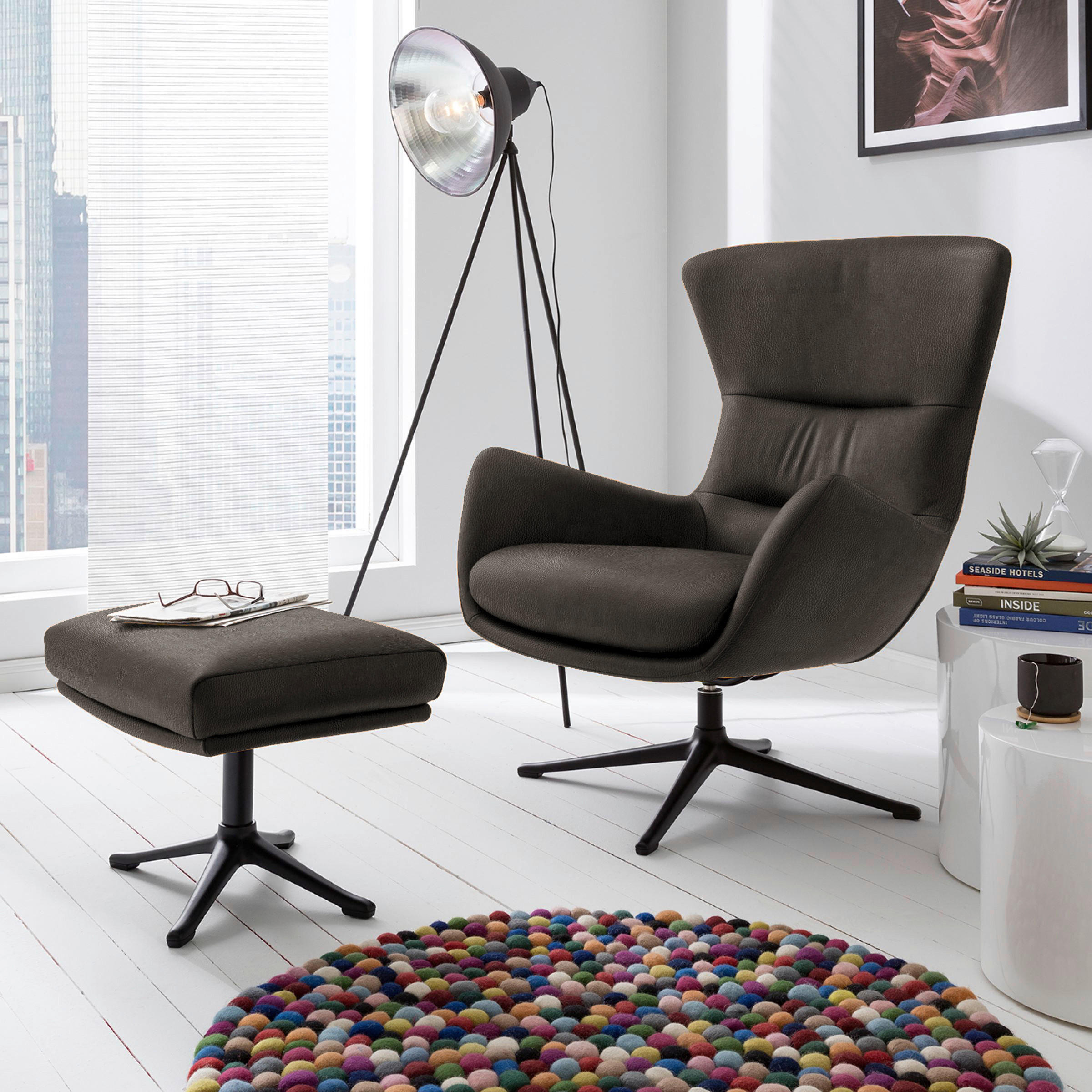 OHRENSESSEL in Dunkelgrau  - Dunkelgrau/Schwarz, Design, Leder/Metall (84/104/96cm) - home24