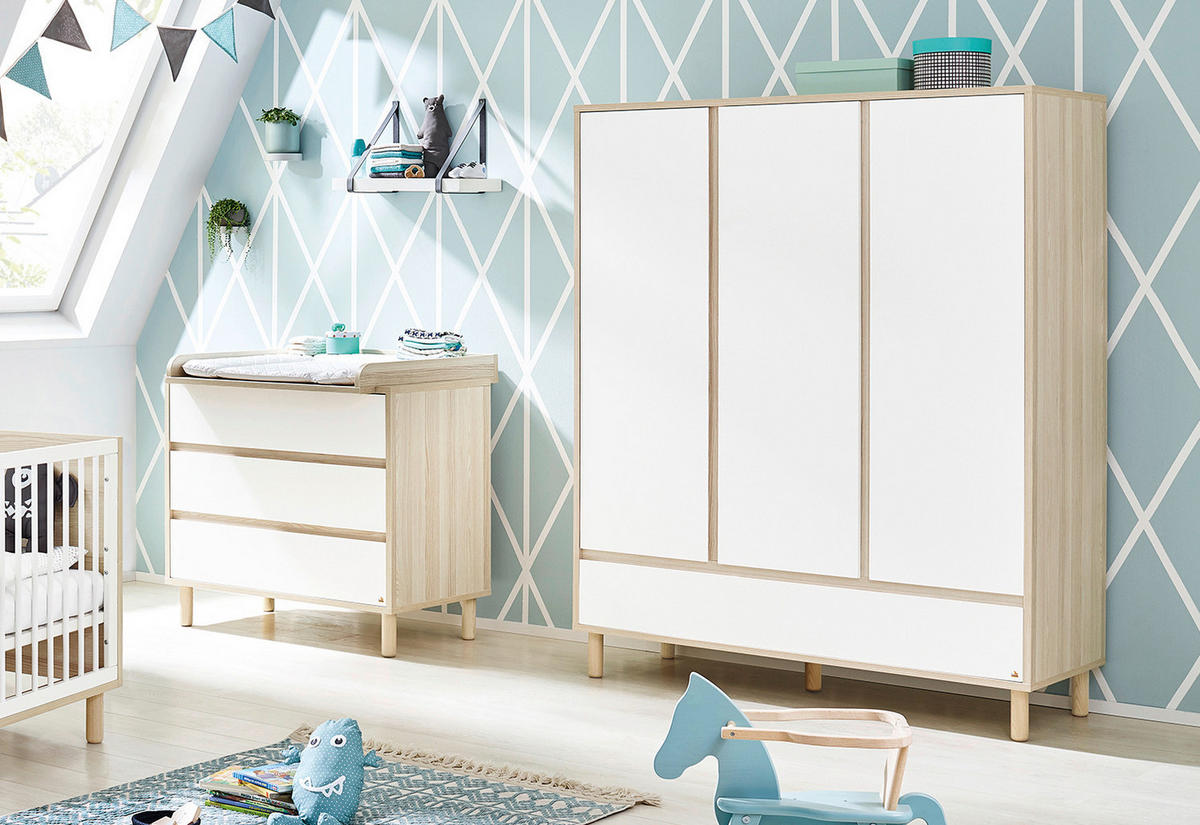 BABYKLEIDERSCHRANK PINOLINO FLOW Weiß, Eschefarben  - Eschefarben/Weiß, Design, Holzwerkstoff (155/185/55cm) - Pinolino