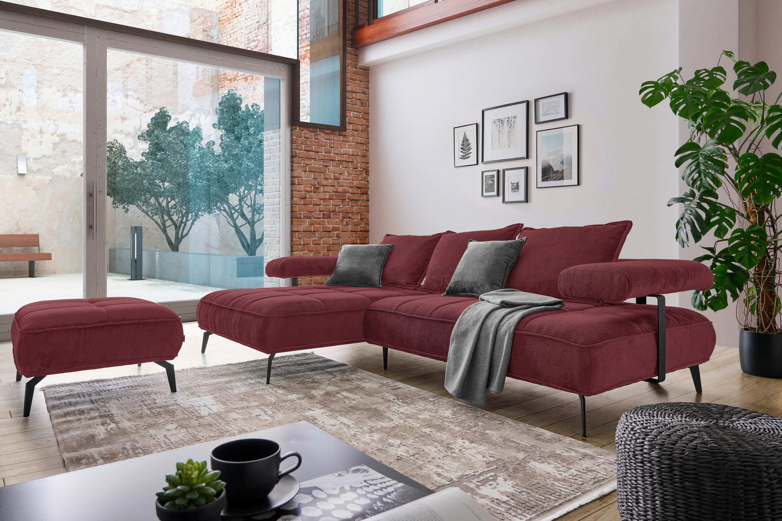 ECKSOFA in Webstoff Bordeaux  - Bordeaux/Schwarz, Design, Textil/Metall (180/266cm) - Welnova