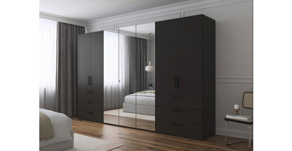 DREHTÜRENSCHRANK 350/235/61 cm,  in Graphitfarben, 7-türig  - Chromfarben/Schwarz, Basics, Glas/Holzwerkstoff (350/235/61cm) - Novel