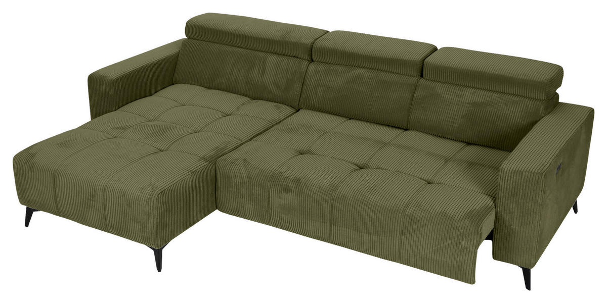 ECKSOFA Olivgrün Cord Rücken echt, Kopfteilverstellung, Sitzvorzug  - Schwarz/Olivgrün, KONVENTIONELL, Textil/Metall (170/257cm) - Carryhome