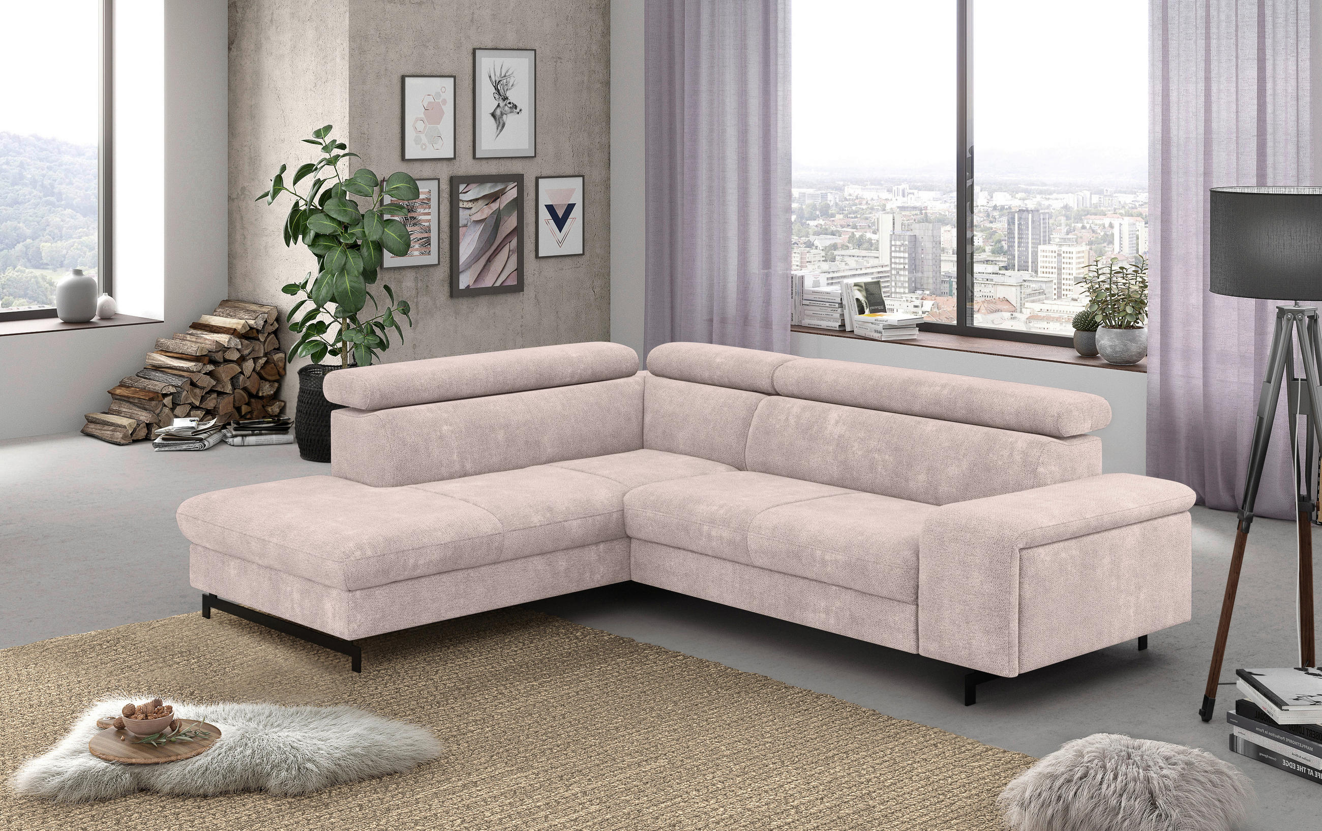 ECKSOFA in Chenille Creme  - Blau/Creme, Textil/Metall (215/262cm) - MID.YOU
