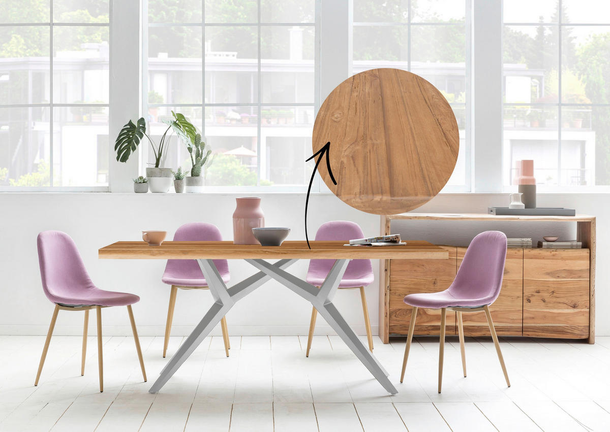 ESSTISCH 220/100/73 cm Echtholz  Holz, Metall rechteckig Naturfarben, Silberfarben  - Silberfarben/Naturfarben, MODERN, Holz/Metall (220/100/73cm) - MID.YOU