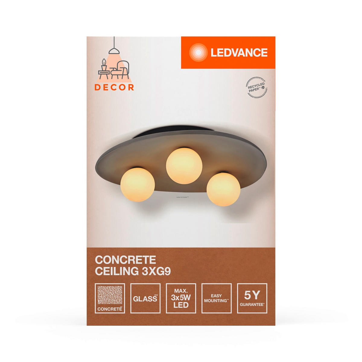 DECKENLEUCHTE    50/38,5/15,5 cm  - Grau, Design, Glas/Stein (50/38,5/15,5cm) - Ledvance