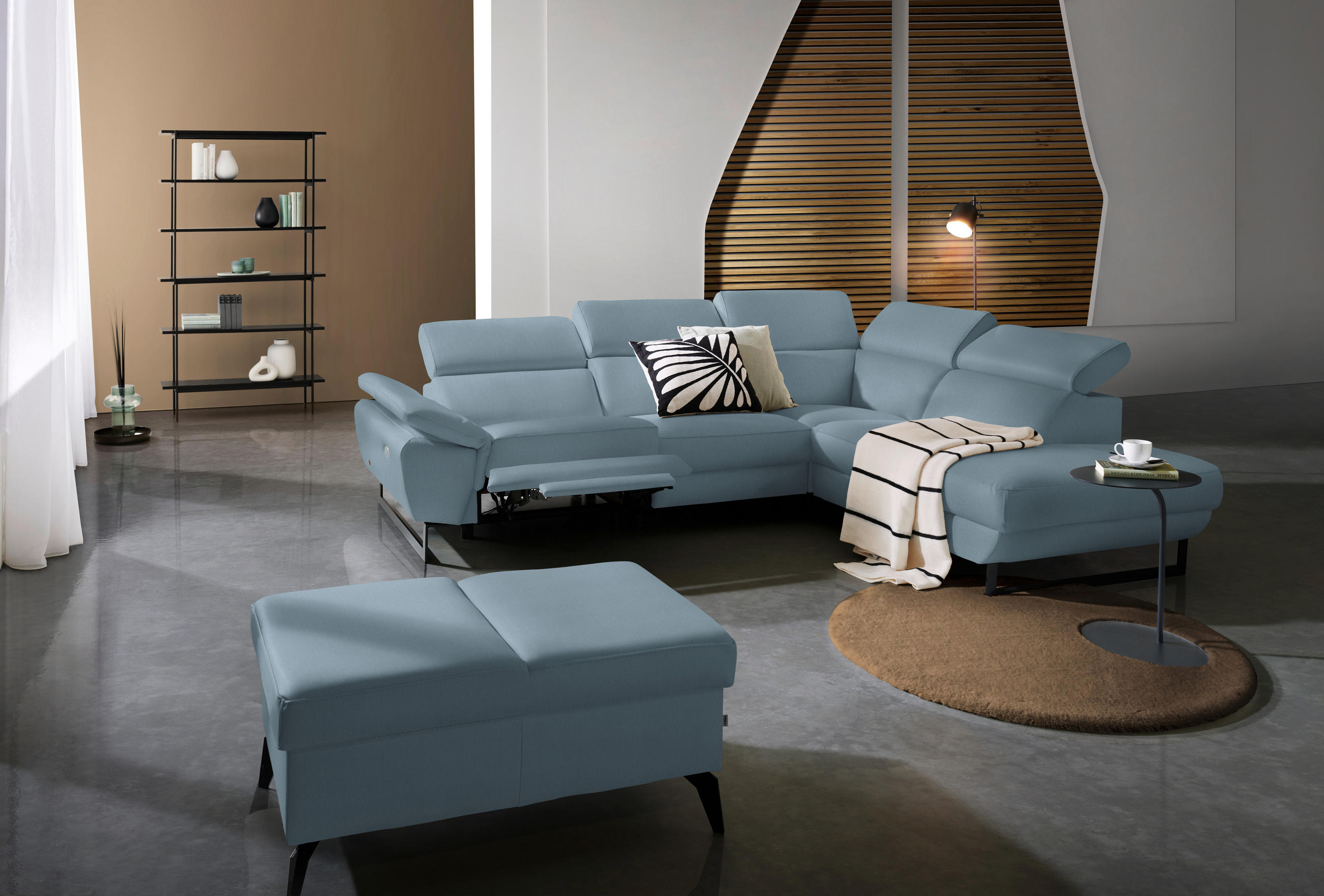 ECKSOFA in Echtleder Blaugrau  - Blaugrau/Schwarz, Design, Leder/Metall (281/225cm) - Celina Home