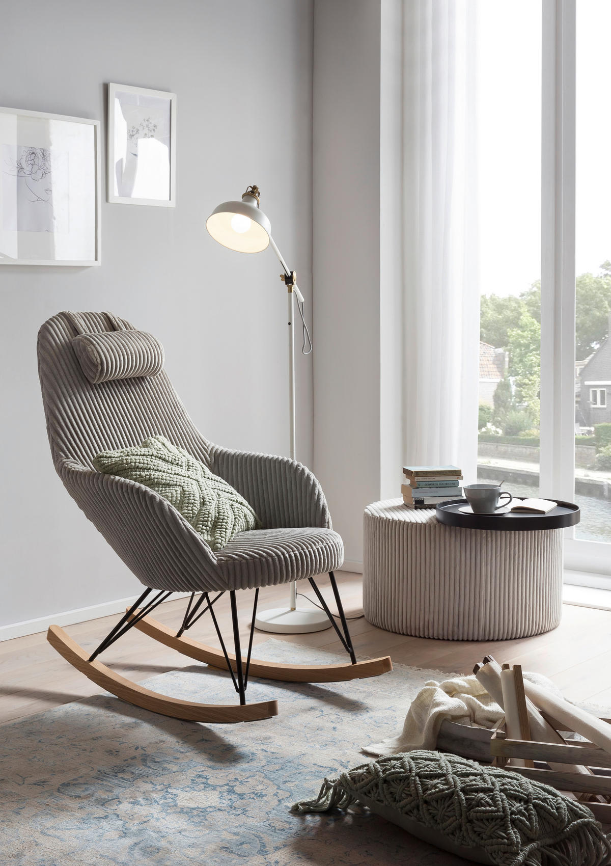 SCHAUKELSTUHL in Cord Grau  - Eichefarben/Schwarz, MODERN, Holz/Textil (102/109/66cm) - Livetastic