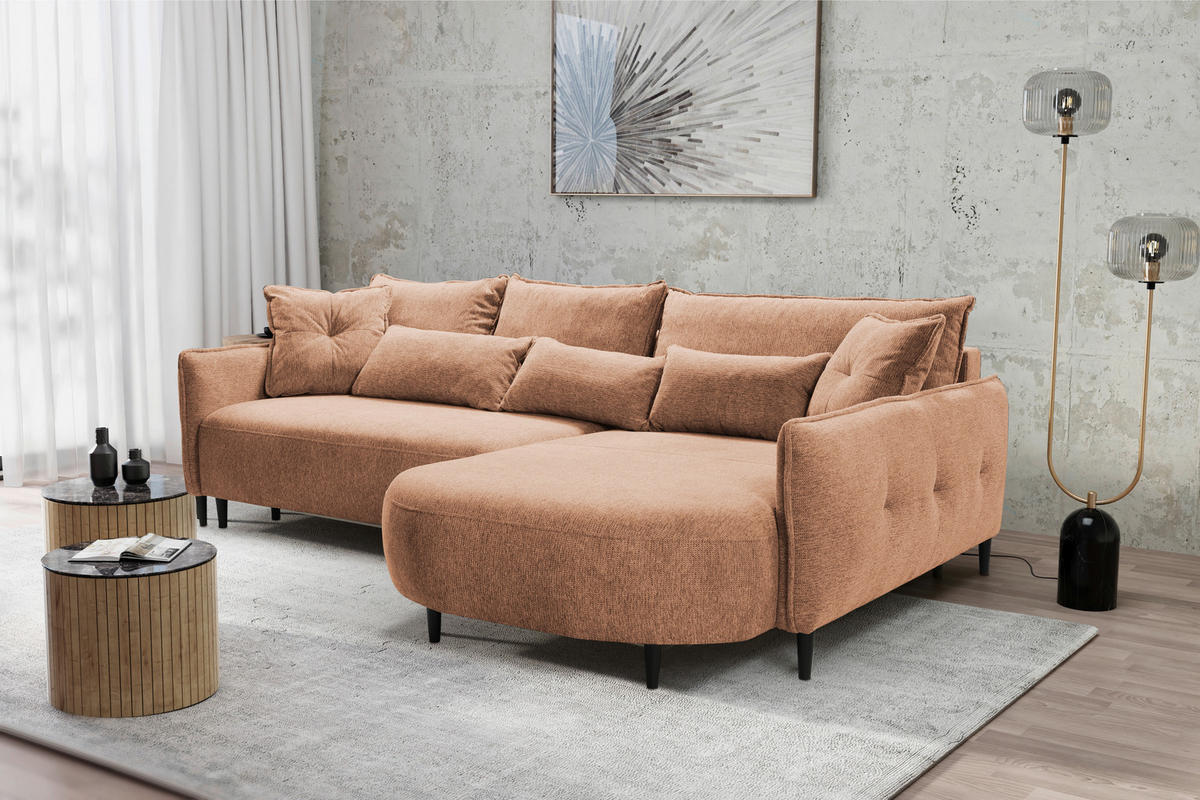 ECKSOFA in Chenille Dunkelorange  - Dunkelorange/Schwarz, Modern, Textil/Metall (285/200cm) - MID.YOU