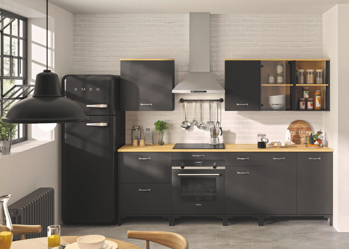 KÜCHENLEERBLOCK 240 cm   in Schwarz, Eichefarben  - Eichefarben/Silberfarben, Design, Glas/Holzwerkstoff (240cm) - MID.YOU