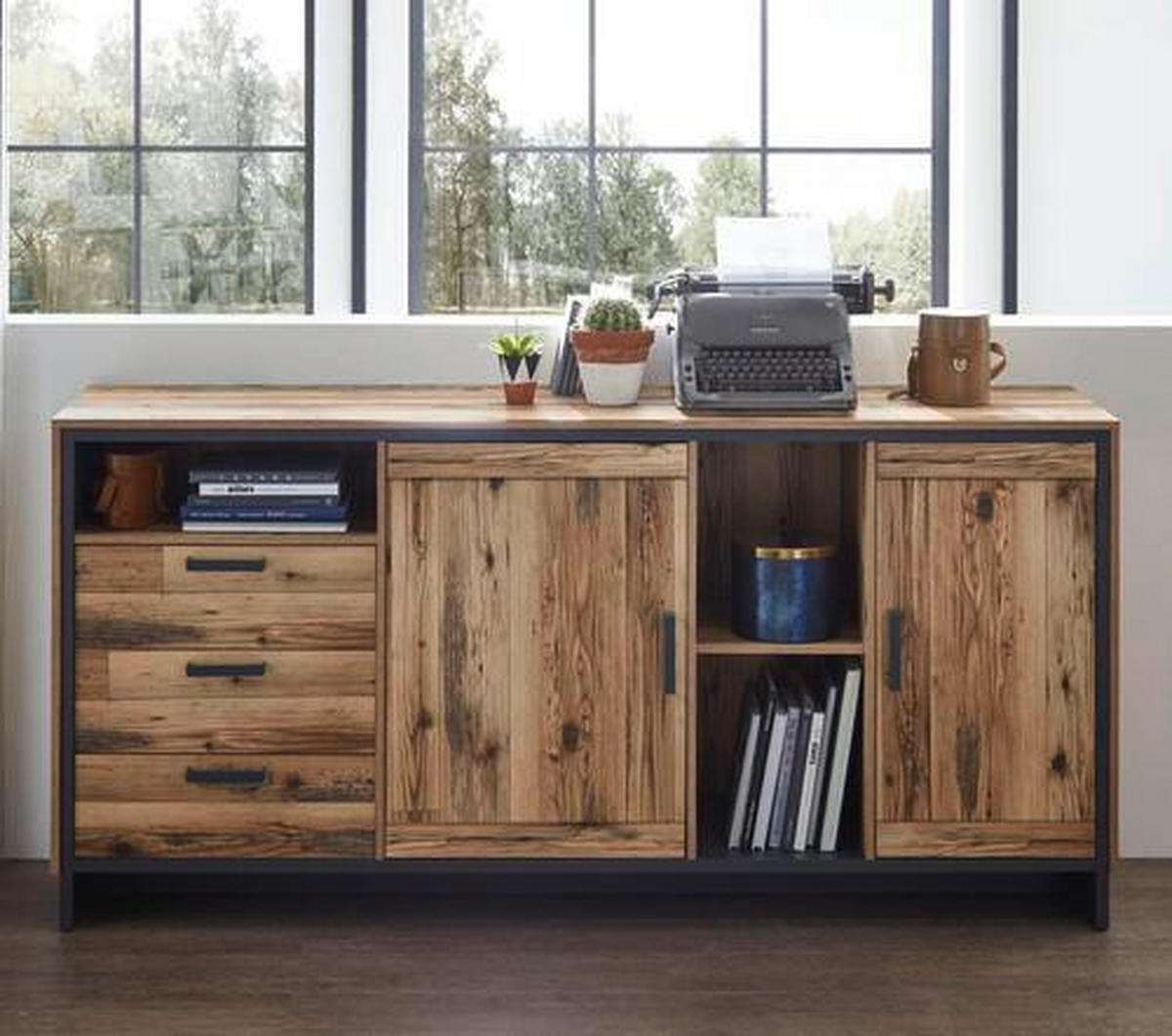 KOMODA, barve grafita, barve hrasta  - barve hrasta/barve grafita, Natur, kovina/leseni material (184/89/45cm) - Landscape