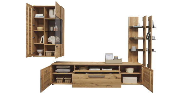 WOHNWAND  in Bronzefarben, Wildeiche  340,1/214/45,2 cm  - Wildeiche/Schwarz, Natur, Glas/Holz (340,1/214/45,2cm) - Valnatura