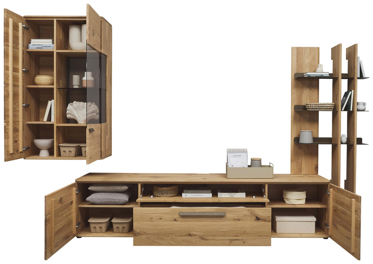 WOHNWAND  in Bronzefarben, Wildeiche  340,1/214/45,2 cm  - Wildeiche/Schwarz, Natur, Glas/Holz (340,1/214/45,2cm) - Valnatura