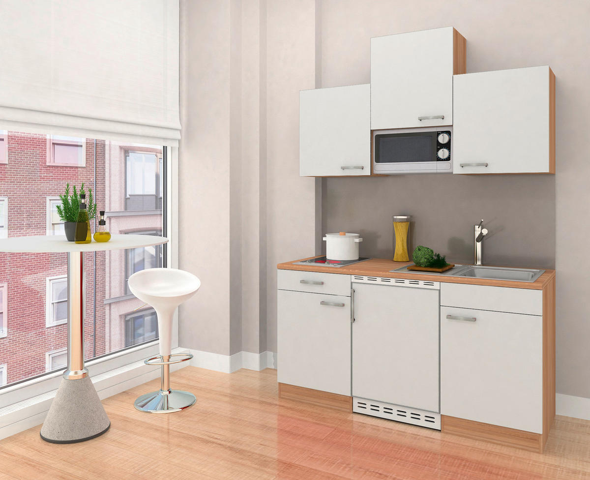 MINIKÜCHE 150 cm   in Weiss, Eichefarben  - Weiss/Eichefarben, Basics, Holzwerkstoff (150cm) - Respekta