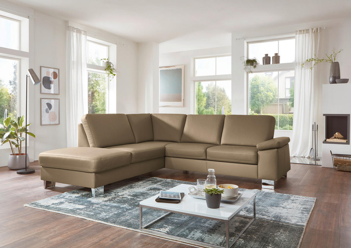 ECKSOFA  in Echtleder Cappuccino  235/248 cm  - Alufarben/Cappuccino, Design, Leder/Metall (235/248cm) - Beldomo Premium
