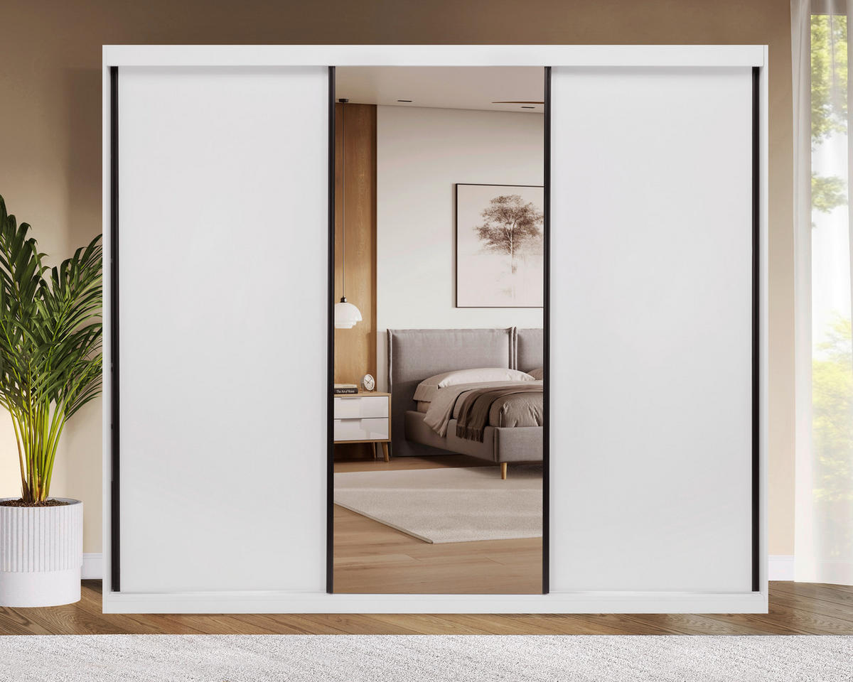 SCHIEBETÜRENSCHRANK 250/215/59,5 cm 3-türig Weiß  - Schwarz/Weiß, MODERN, Holzwerkstoff/Metall (250/215/59,5cm) - MID.YOU