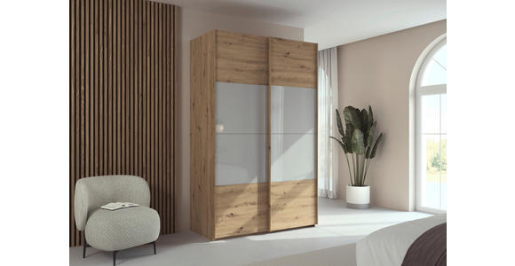 SCHWEBETÜRENSCHRANK 137/223/68 cm 2-türig Eiche Artisan, Seidengrau  - Eichefarben/Seidengrau, Design, Glas/Holzwerkstoff (137/223/68cm) - Xora