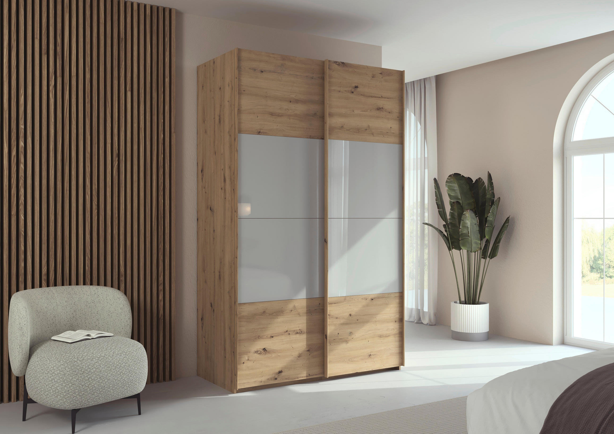 SCHWEBETÜRENSCHRANK 137/223/68 cm 2-türig Eiche Artisan, Seidengrau  - Eichefarben/Seidengrau, Design, Glas/Holzwerkstoff (137/223/68cm) - Xora