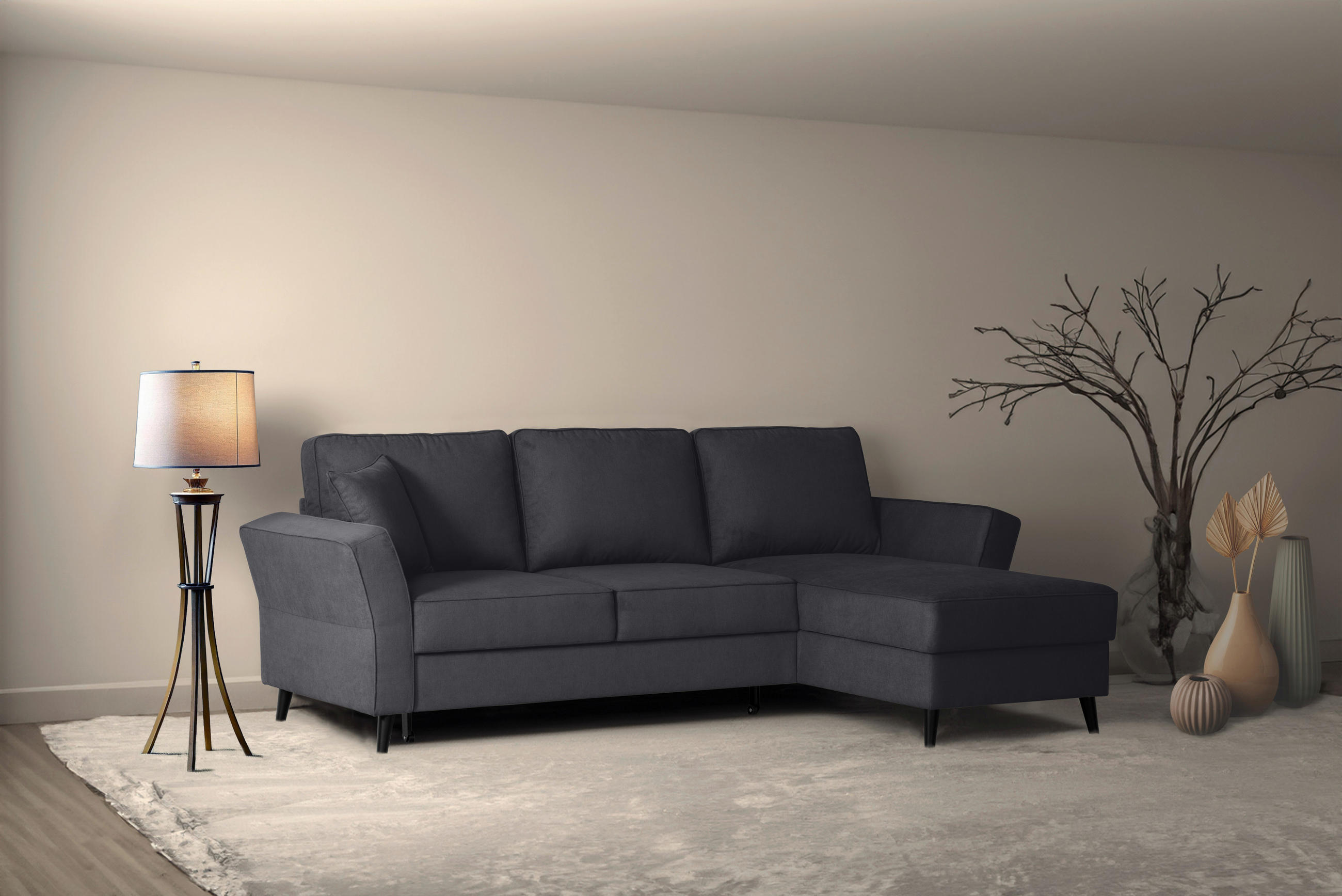 ECKSOFA Schwarz Velours  - Schwarz, KONVENTIONELL, Holz/Textil (244/159cm) - Carryhome