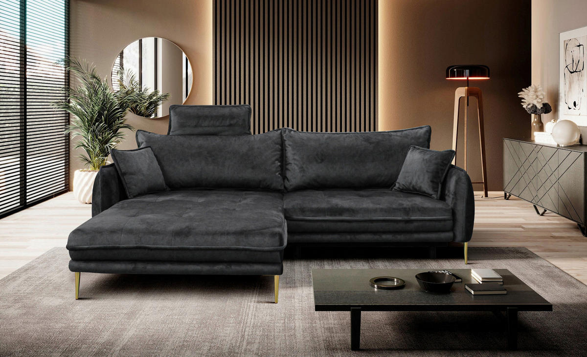 ECKSOFA Anthrazit Velours  - Anthrazit/Goldfarben, Design, Textil/Metall (196/264cm) - MID.YOU