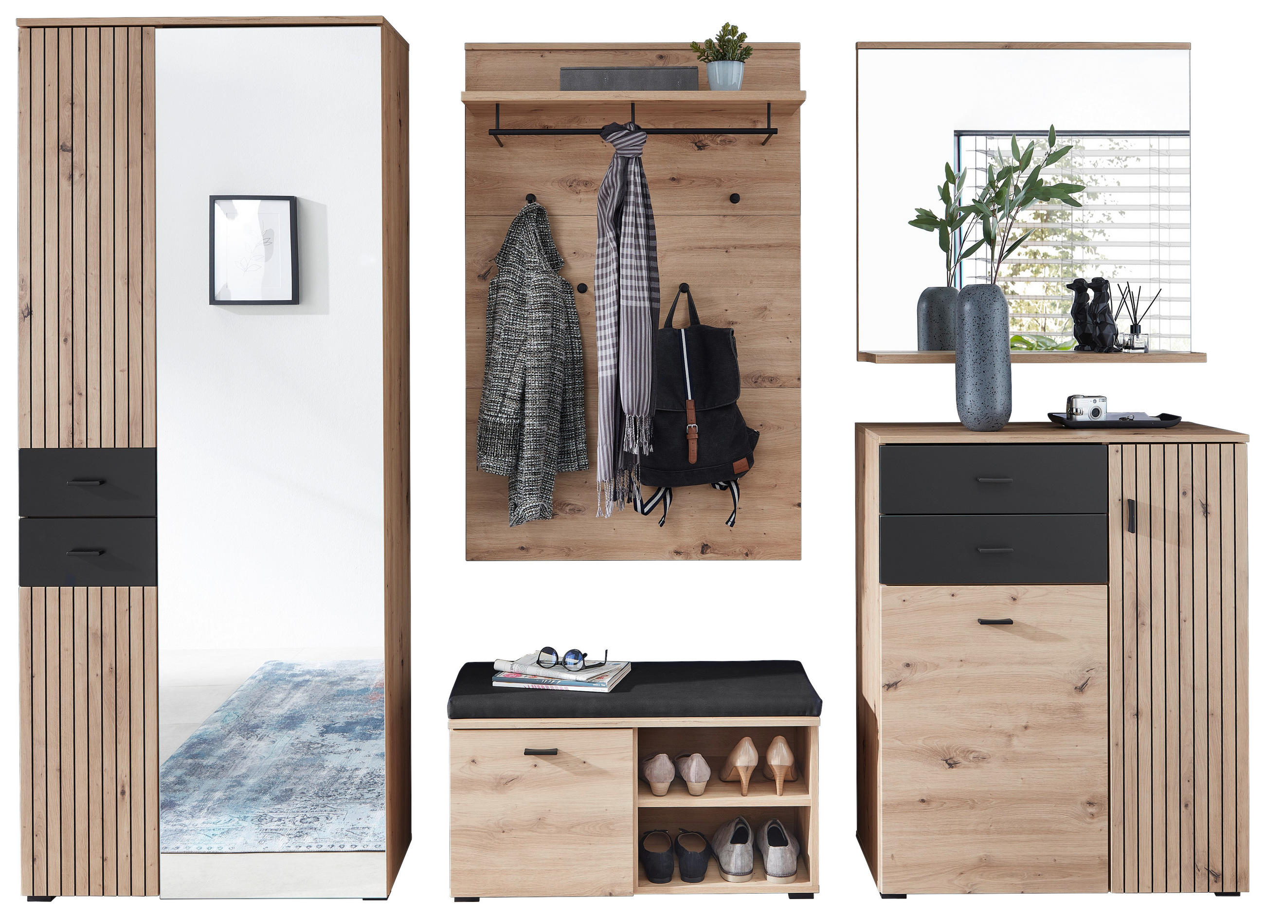 GARDEROBE 6-teilig in 282/202/38 cm - Schwarz/Eiche Artisan, Design, Holzwerkstoff/Textil (282/202/38cm) - Voleo