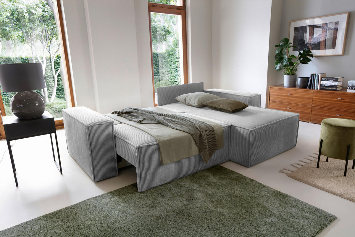ECKSCHLAFSOFA in Samt Hellgrau  - Hellgrau/Schwarz, Konventionell, Holz/Kunststoff (251/170cm) - MID.YOU