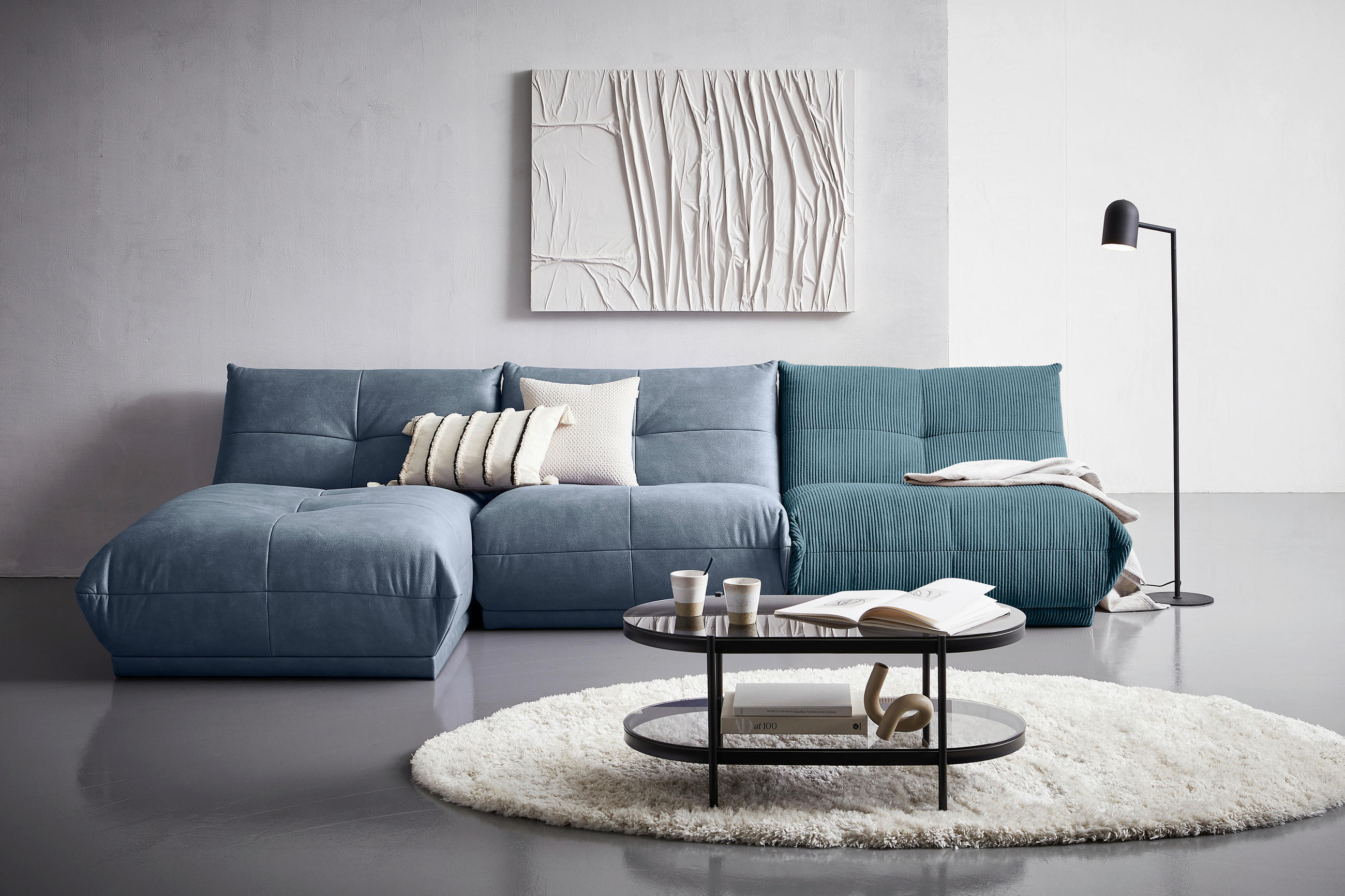 ECKSOFA in Cord, Lederlook Petrol, Blaugrau  - Blaugrau/Petrol, Trend, Textil (185/315cm) - Livetastic