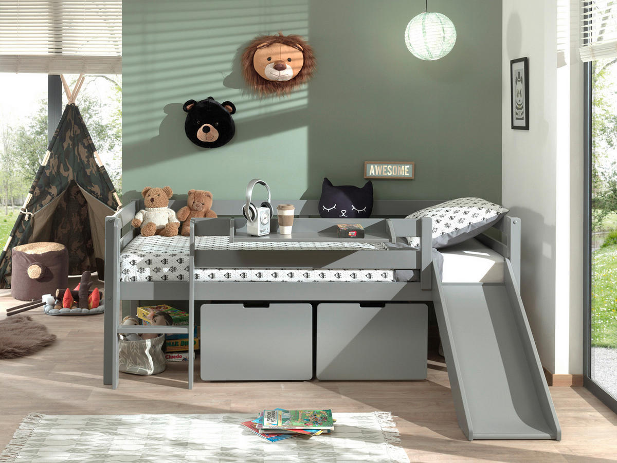 SPIELBETT Absturzsicherung, Leiter, Rutsche, Rollrost, Bettschublade 90/200 cm  in Grau  - Grau, MODERN, Holz/Holzwerkstoff (90/200cm) - MID.YOU