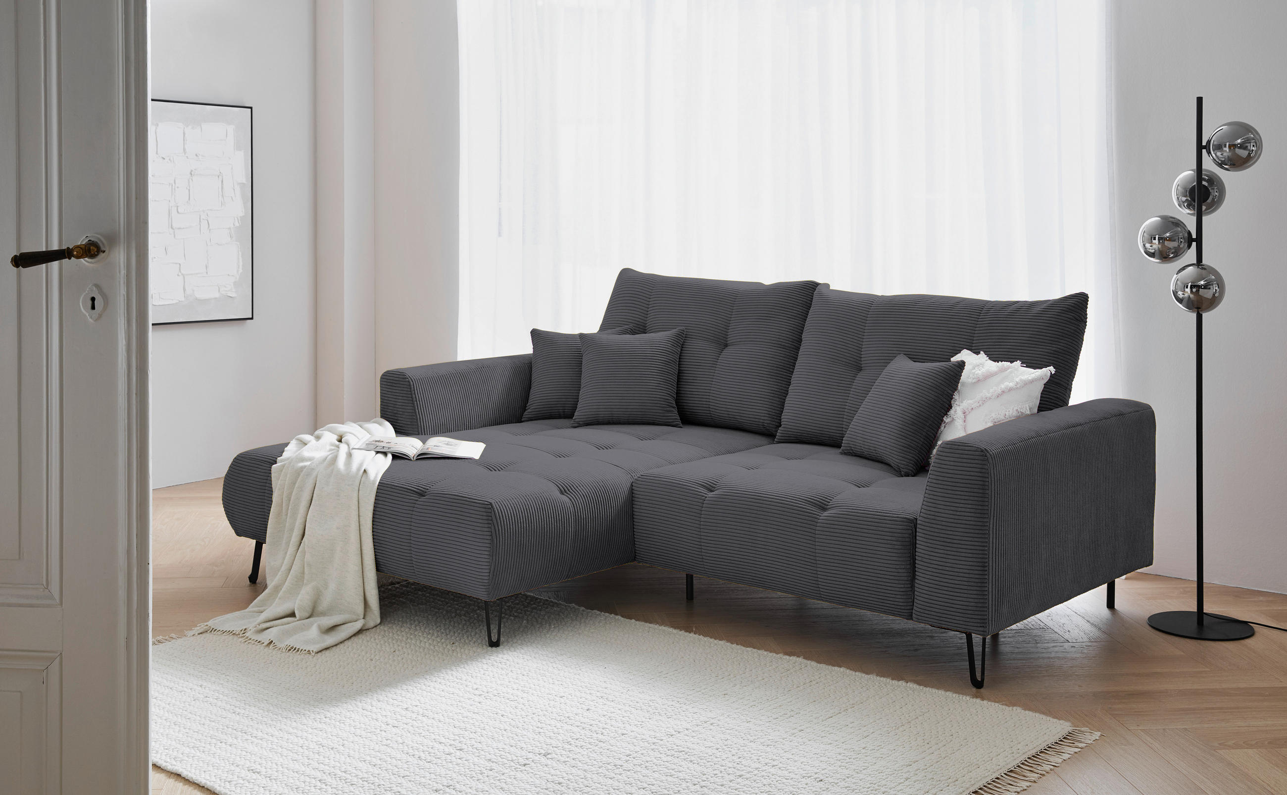 ECKSOFA Anthrazit Cord  - Anthrazit/Schwarz, KONVENTIONELL, Textil/Metall (185/250cm) - Carryhome
