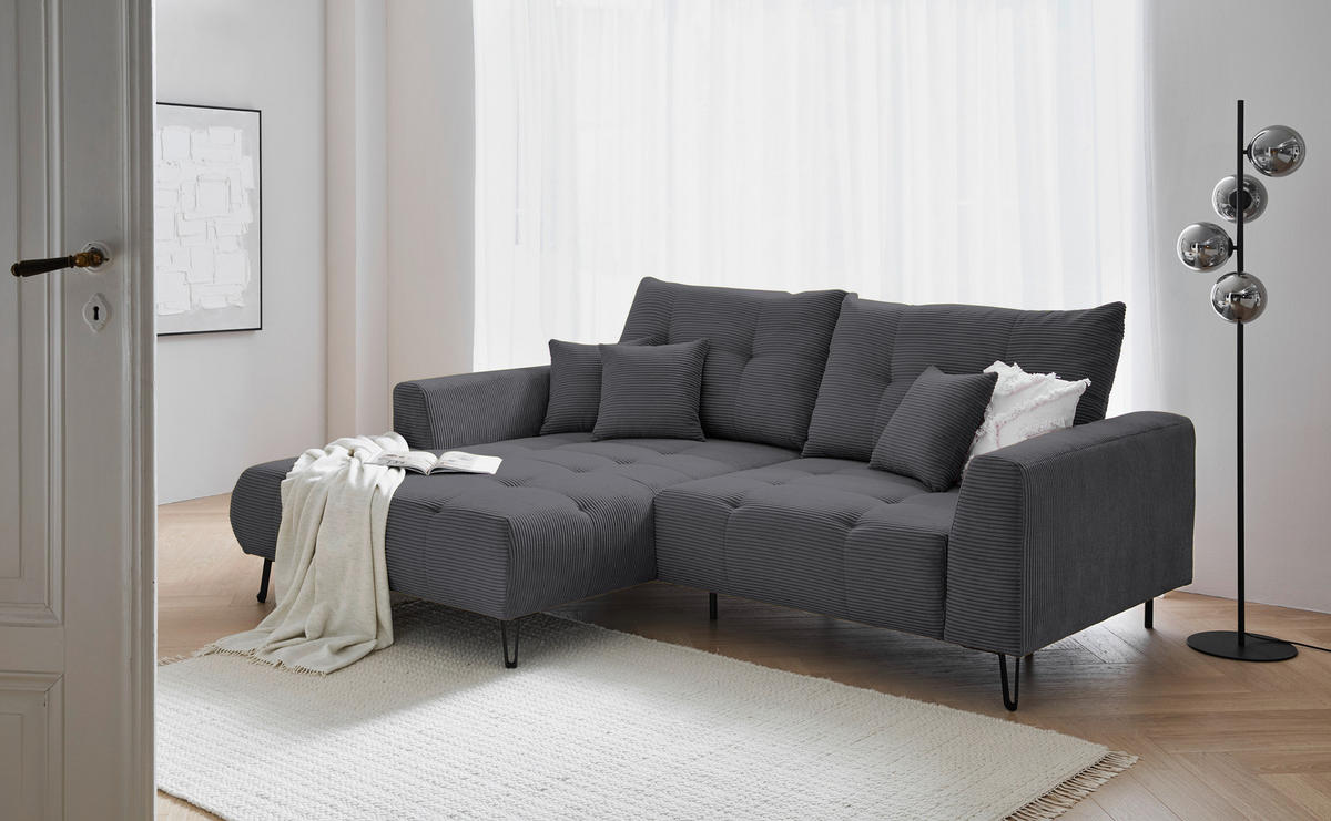ECKSOFA in Cord Anthrazit  - Anthrazit/Schwarz, Konventionell, Textil/Metall (185/250cm) - Carryhome