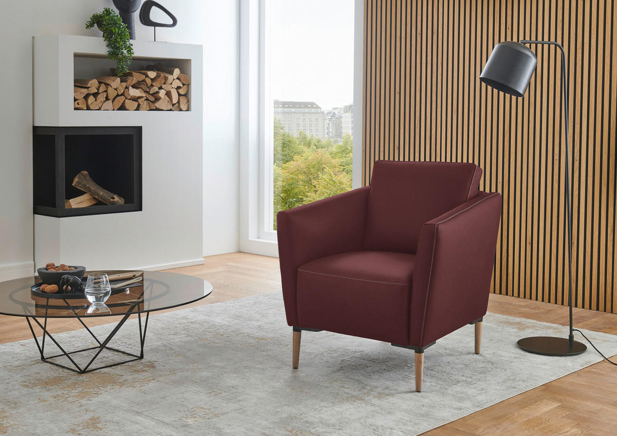 SESSEL in Echtleder Bordeaux  - Eichefarben/Bordeaux, Natur, Leder/Holz (75/84/76cm) - Valnatura