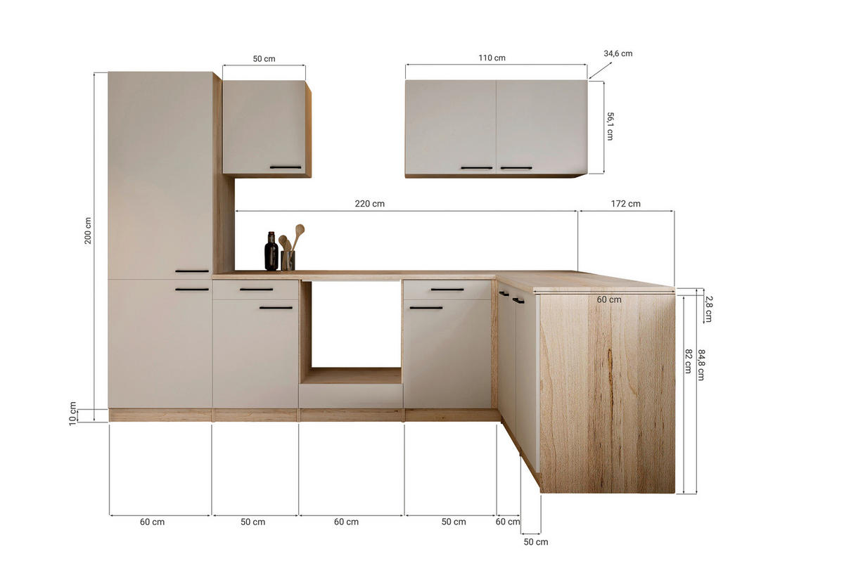 ECKKÜCHE Merle 280/172 cm  in Kaschmir  - Kaschmir/Eichefarben, Trend, Holzwerkstoff/Metall (280/172cm) - Respekta