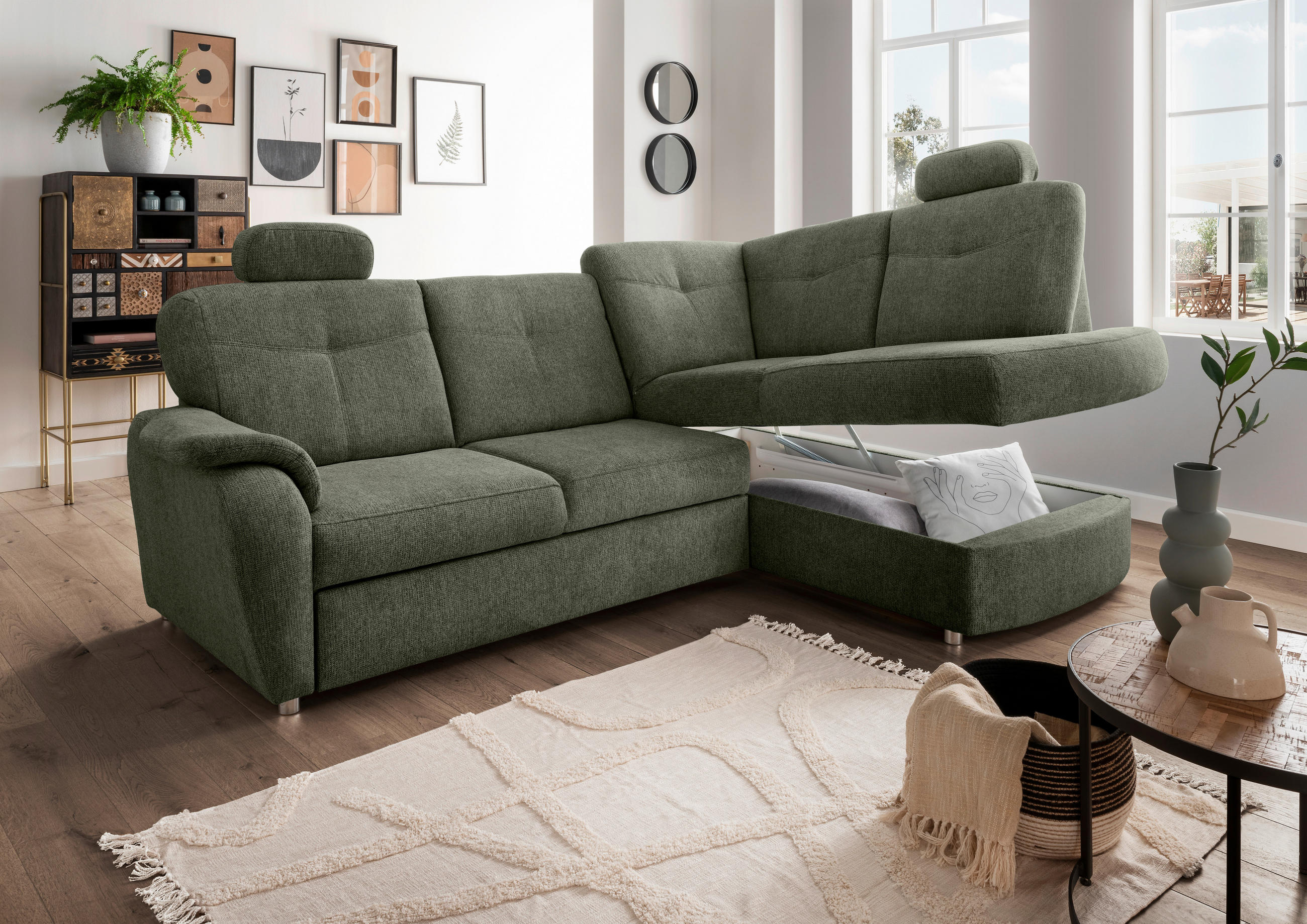 ECKSCHLAFSOFA Chenille Dunkelgrün  - Chromfarben/Dunkelgrün, MODERN, Kunststoff/Textil (264/180cm) - Livetastic