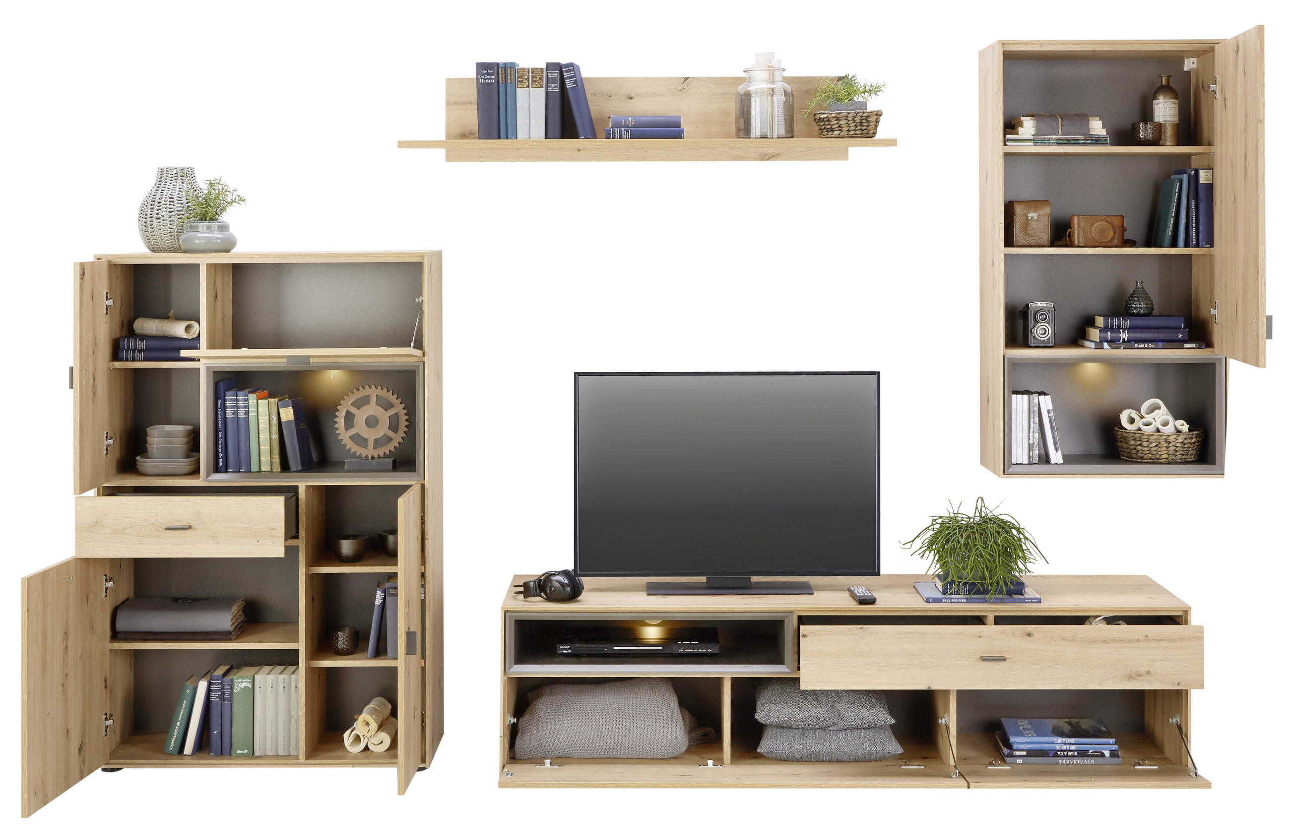 HYLLKOMBINATION 300/180/50 cm in ek Artisan - grå/svart, Design, träbaserade material/plast (300/180/50cm) - Hom`in