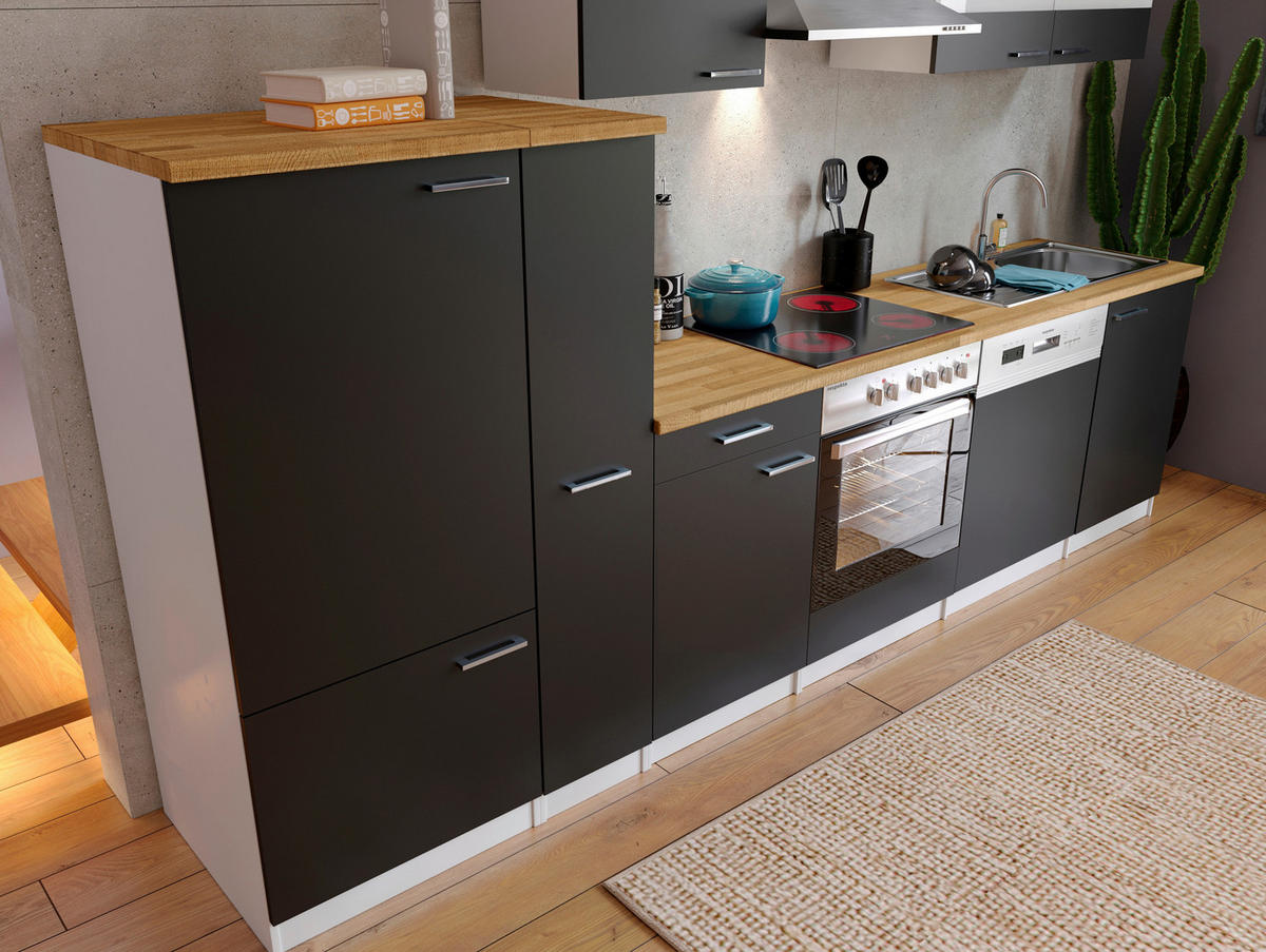 KÜCHENBLOCK 310 cm   in Schwarz  - Weiss/Edelstahlfarben, Basics, Holzwerkstoff/Metall (310cm) - Respekta