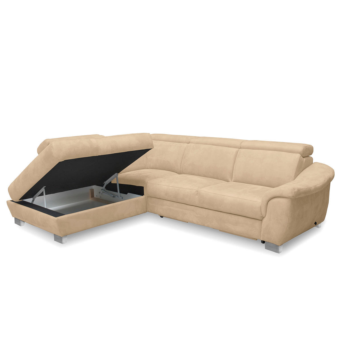 ECKSOFA Beige Mikrofaser Rücken echt, Relaxfunktion, Kopfteilverstellung  - Chromfarben/Beige, Design, Textil/Metall (238/276cm) - Livetastic