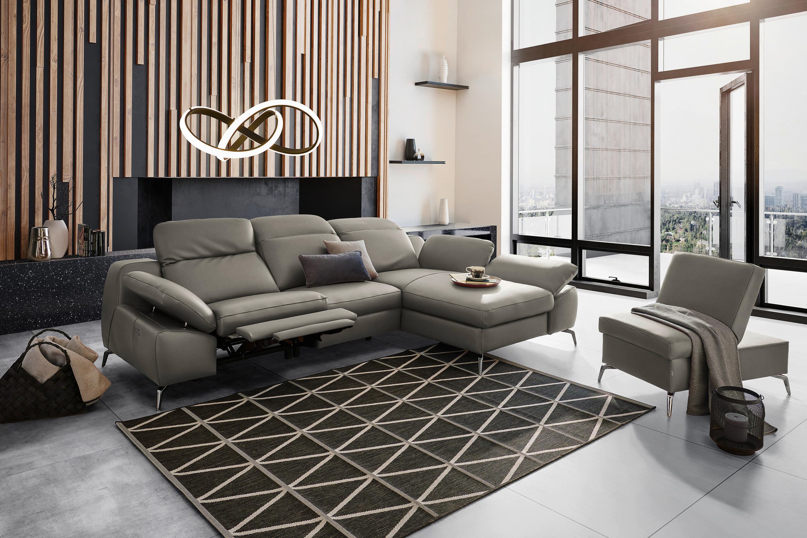 ECKSOFA in Echtleder Graubraun  286/183 cm  - Graubraun/Schwarz, Design, Leder/Metall (286/183cm) - Celina Home