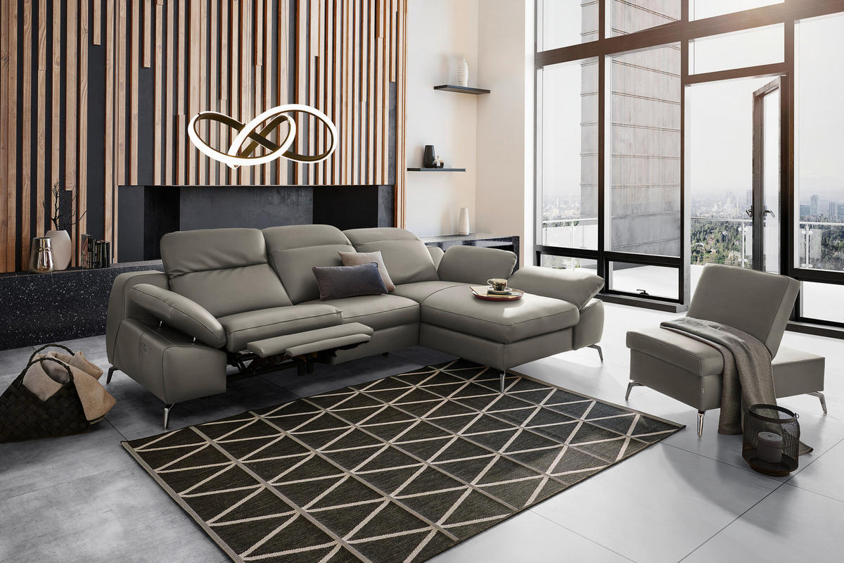 ECKSOFA in Echtleder Graubraun  286/183 cm  - Graubraun/Schwarz, Design, Leder/Metall (286/183cm) - Celina Home