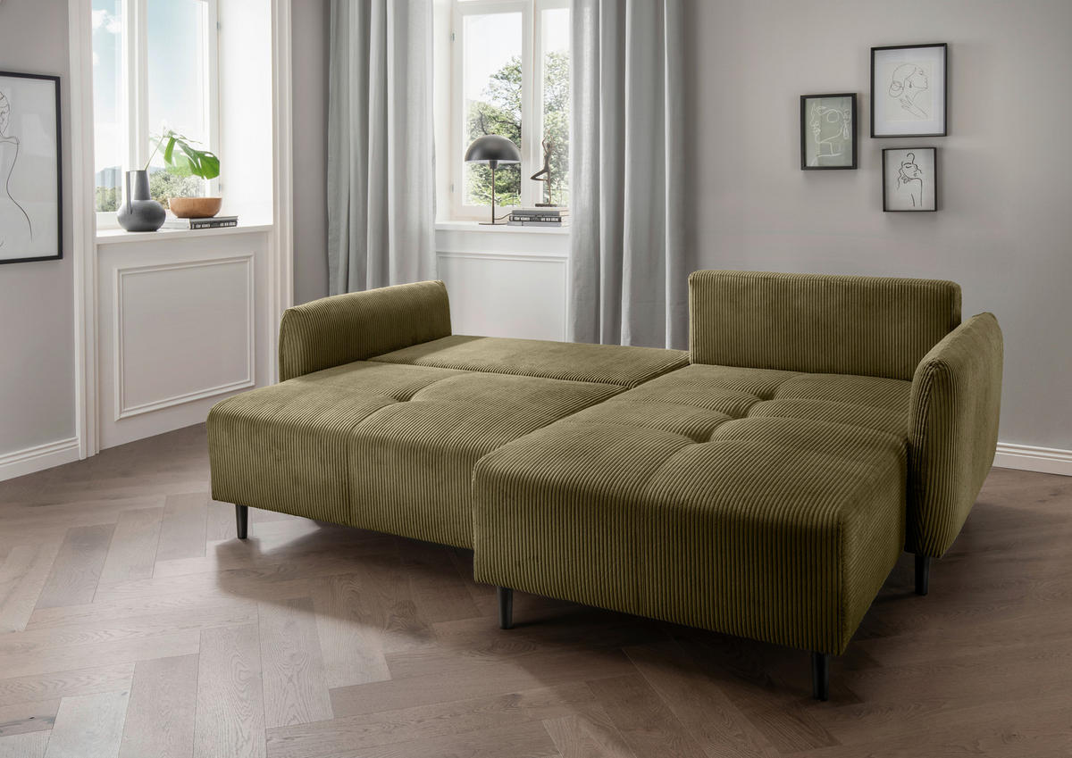 ECKSCHLAFSOFA  mit Liegefunktion, Rücken echt Cord Olivgrün  - Schwarz/Olivgrün, Basics, Holz/Textil (238/174cm) - Livetastic