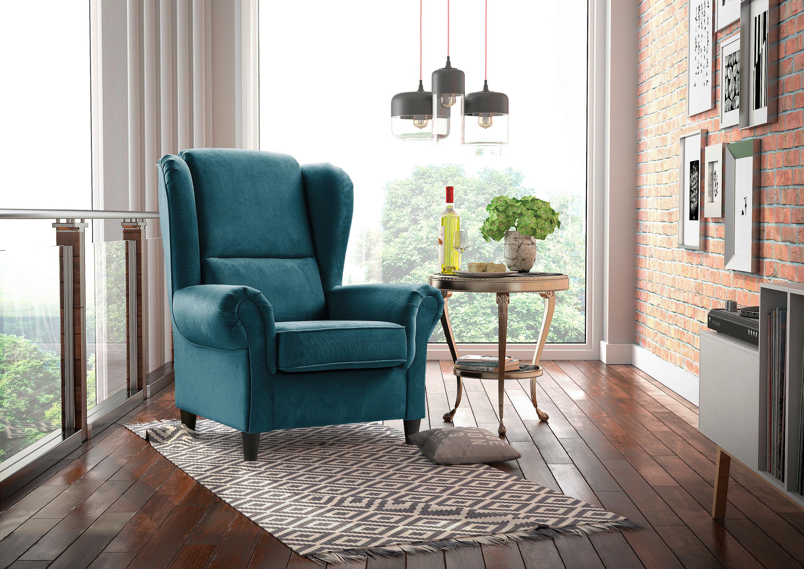 OHRENSESSEL Plüsch Petrol  - Petrol/Schwarz, Design, Holz/Textil (94/112/92cm) - MID.YOU