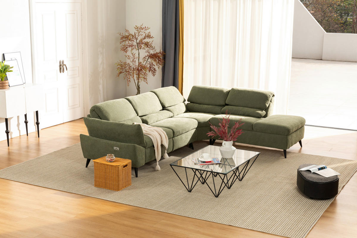 ECKSOFA Grün Leinenoptik  - Schwarz/Grün, Design, Textil/Metall (281/227cm) - Livetastic