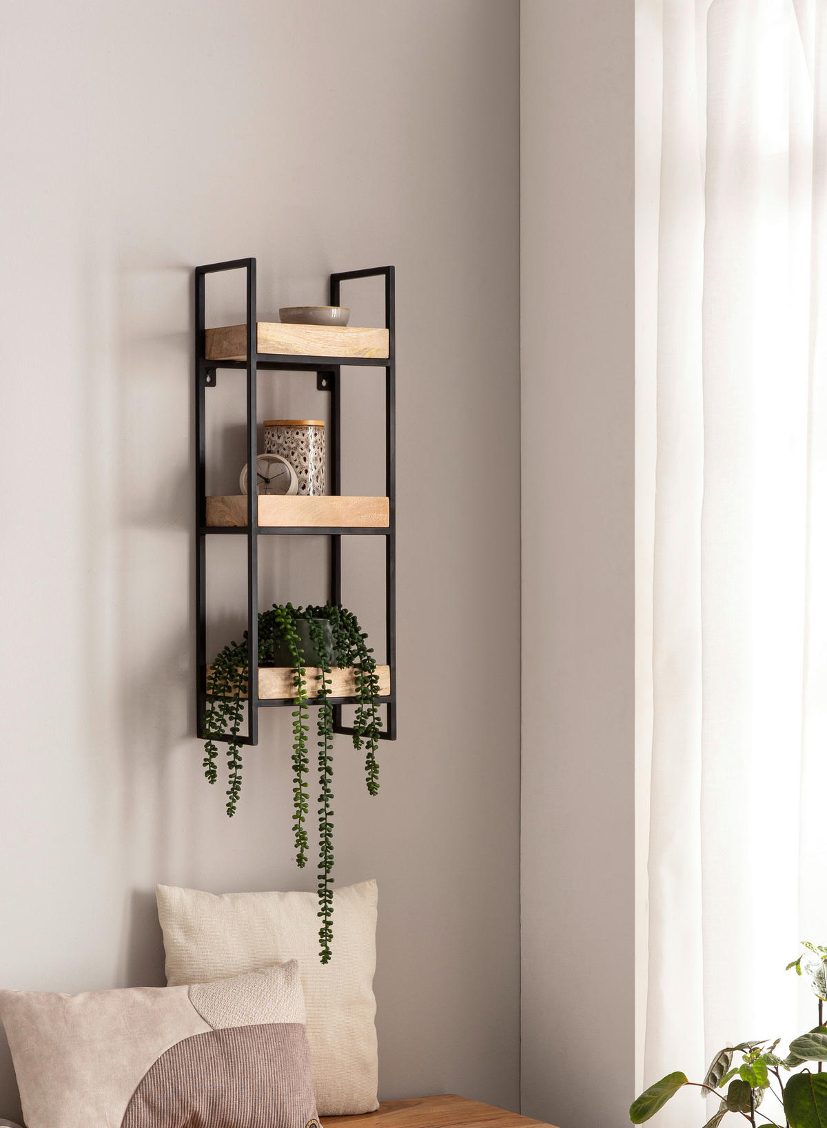 NÁSTĚNNÝ REGÁL, mangové dřevo, hnědá, černá, 27/77/18 cm - černá/hnědá, Lifestyle, kov/dřevo (27/77/18cm) - MID.YOU