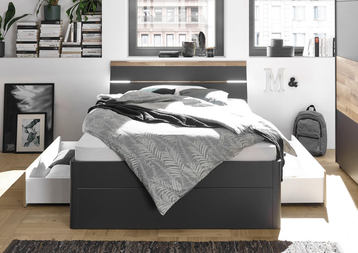 STAURAUMBETT 180/200 cm,  in Eichefarben, Graphitfarben,  - Eichefarben/Schwarz, KONVENTIONELL, Holzwerkstoff/Kunststoff (180/200cm) - MID.YOU