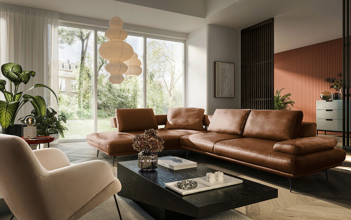 ECKSOFA  in Echtleder Cognac  237/306 cm  - Cognac/Schwarz, Design, Leder/Metall (237/306cm) - Livetastic