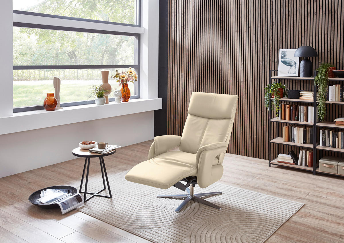 RELAXSESSEL in Leder Ecru  - Ecru/Edelstahlfarben, Design, Leder/Metall (70/124/85cm) - Cantus