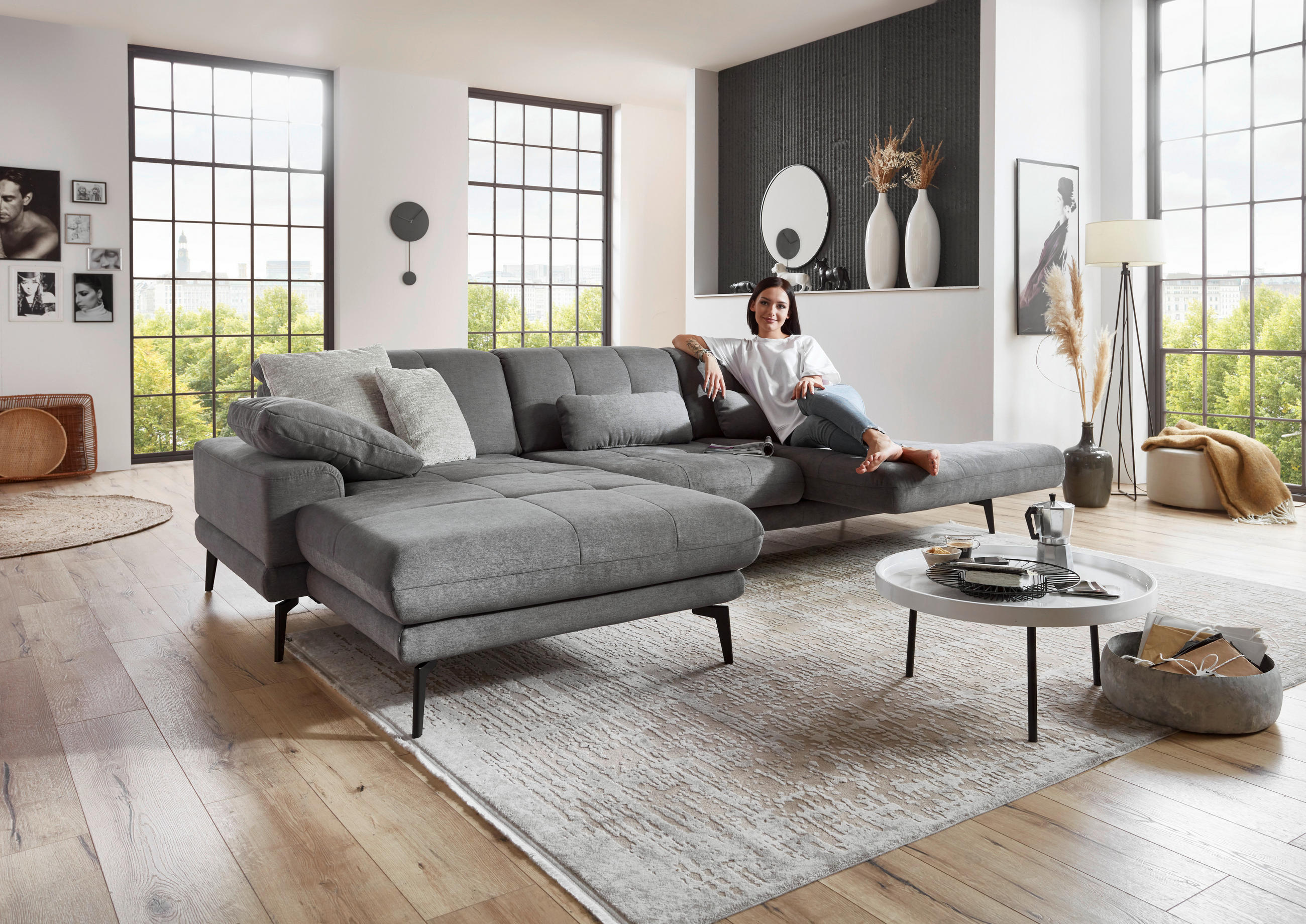 ECKSOFA in Flachgewebe Grau  - Schwarz/Grau, Design, Textil/Metall (309/190cm) - Beldomo Style
