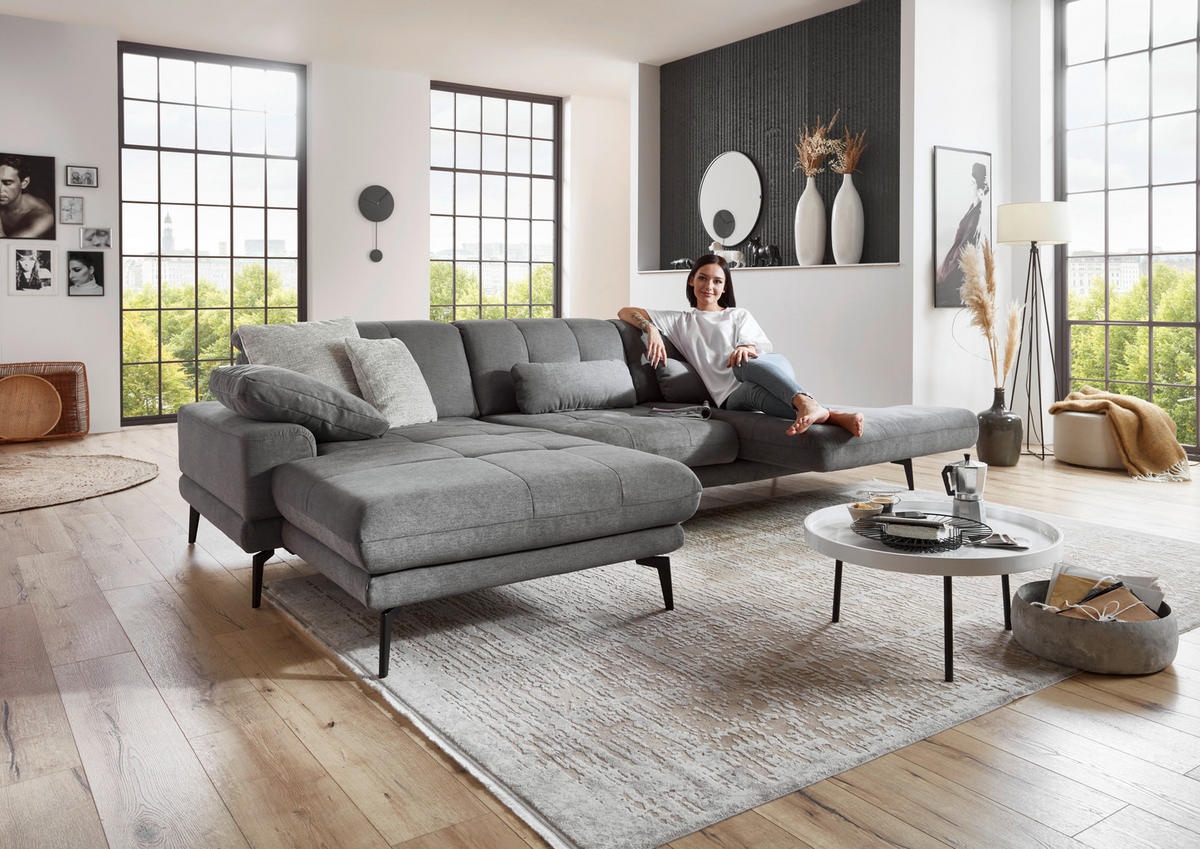 ECKSOFA in Flachgewebe Grau  - Schwarz/Grau, Design, Textil/Metall (190/309cm) - Beldomo Style
