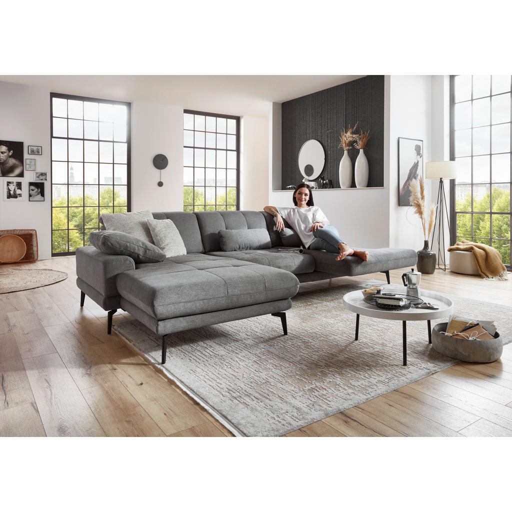 Thumbnail - Beldomo Style Ecksofa, Grau, Textil, 3-Sitzer, Ottomane rechts, L-Form, 309x190 cm, Goldenes M, Typenauswahl, Fußauswahl...