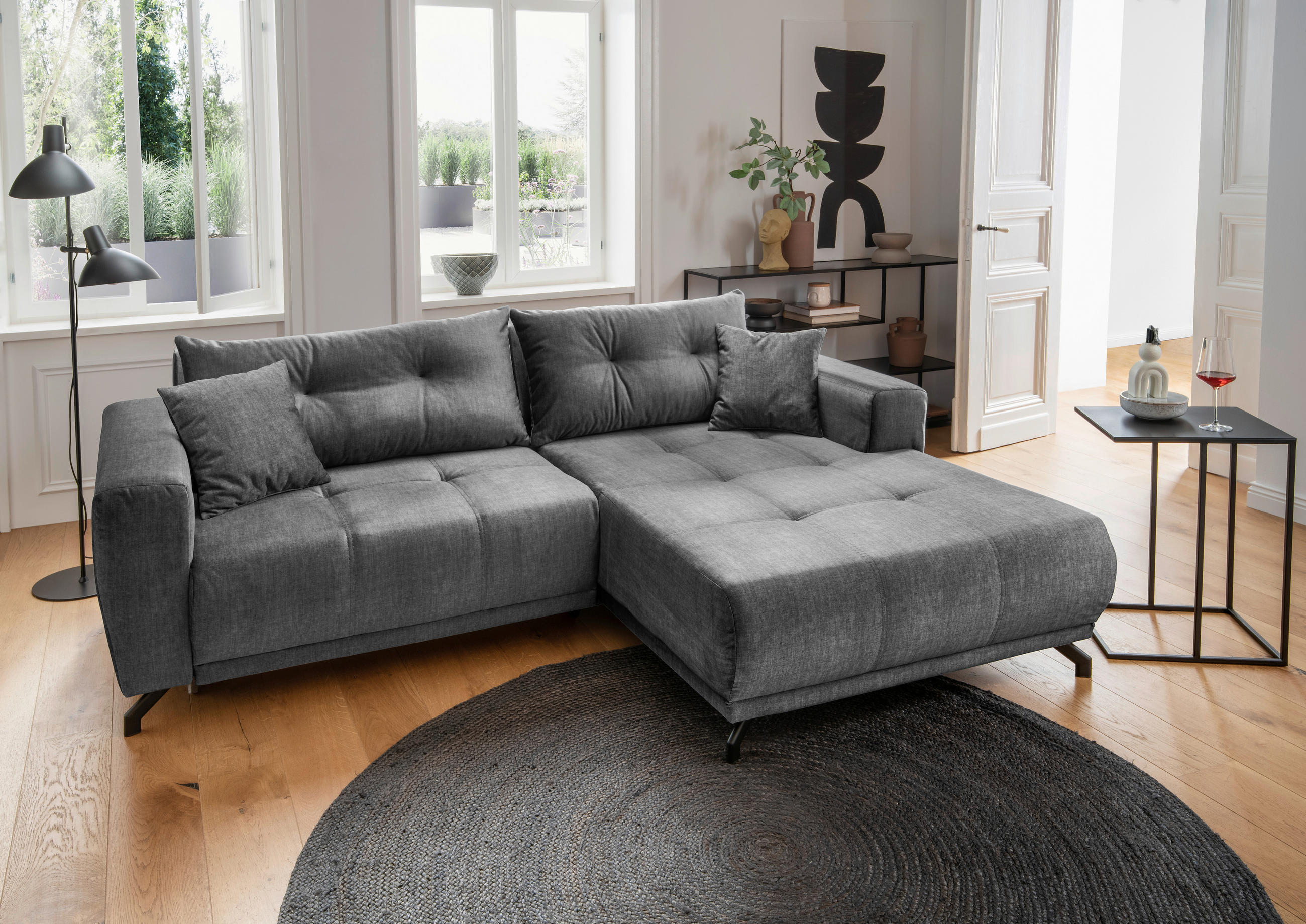 ECKSOFA in Velours Dunkelgrau  - Dunkelgrau/Schwarz, Modern, Textil/Metall (246/177cm) - MID.YOU