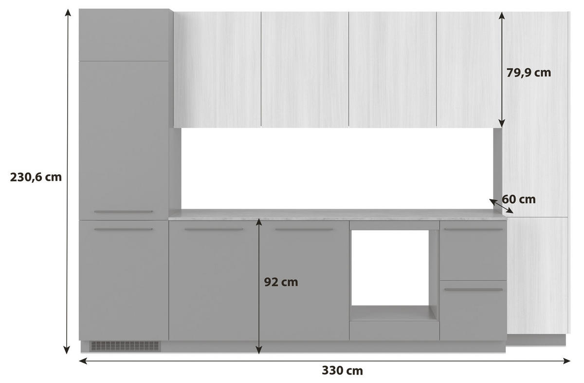KÜCHENBLOCK MILINO MEDIUM B-GRG-SBE 330/230/60 cm  in Graphitfarben, Eichefarben  - Eichefarben/Schwarz, Basics, Holzwerkstoff/Kunststoff (330/230/60cm) - Visiona
